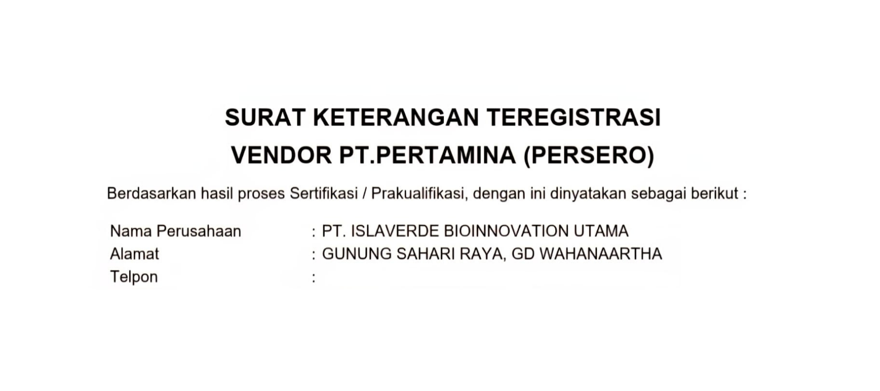 Surat Keterangan Registrasi Vendor Pertamina